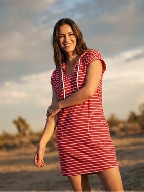 August Silk Red and White Striped Top Keyhole Dress, SZ L.